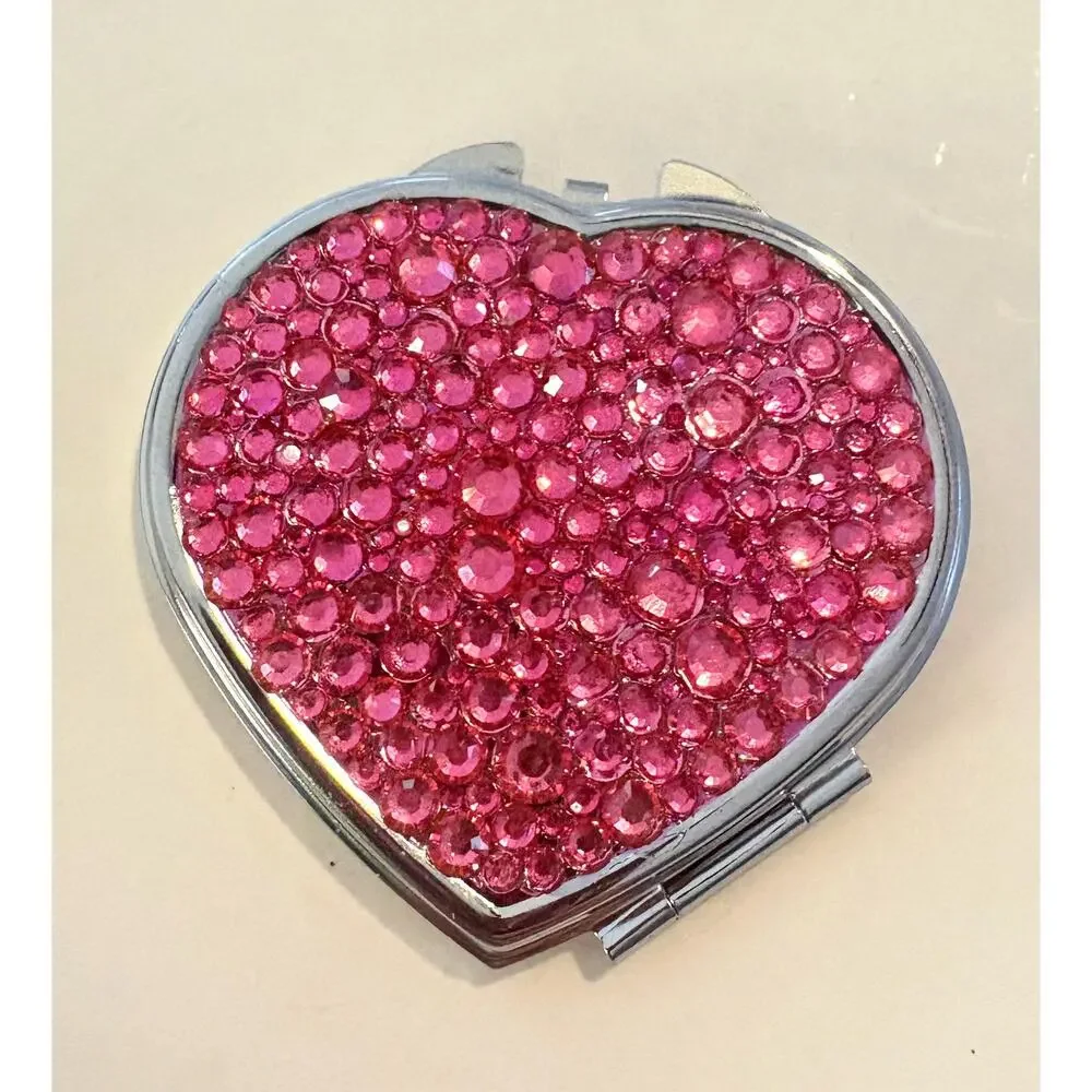 Hot Pink Heart Rhinestone Compact Mirror